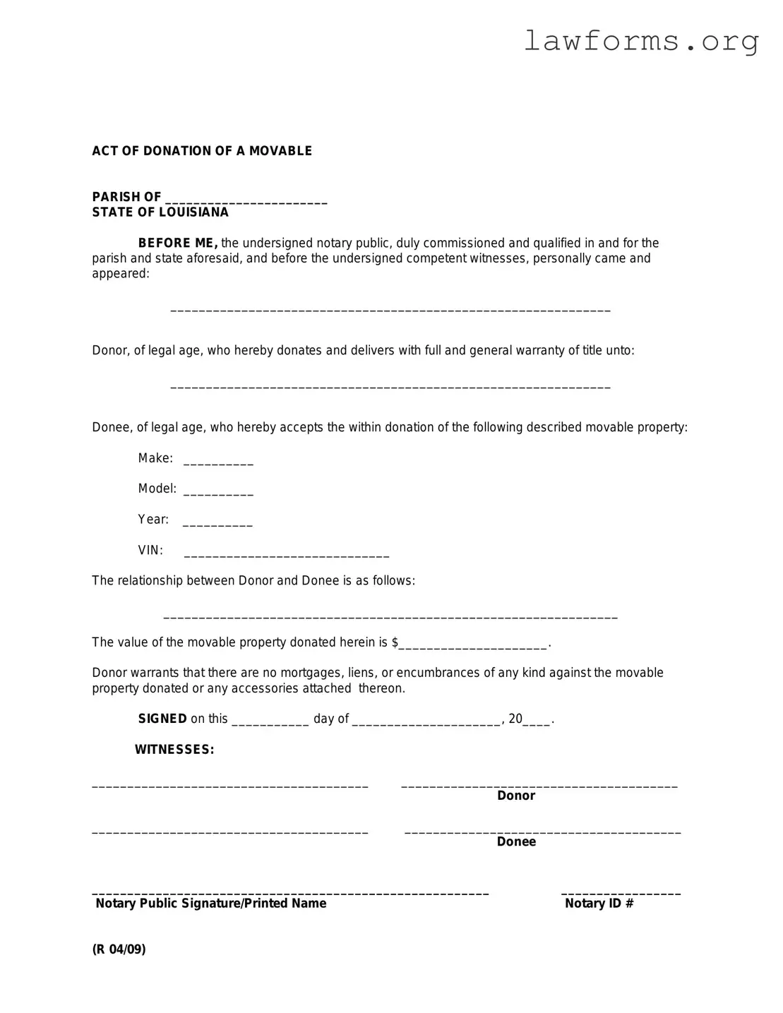 Fill Out a Valid Louisiana act of donation Template