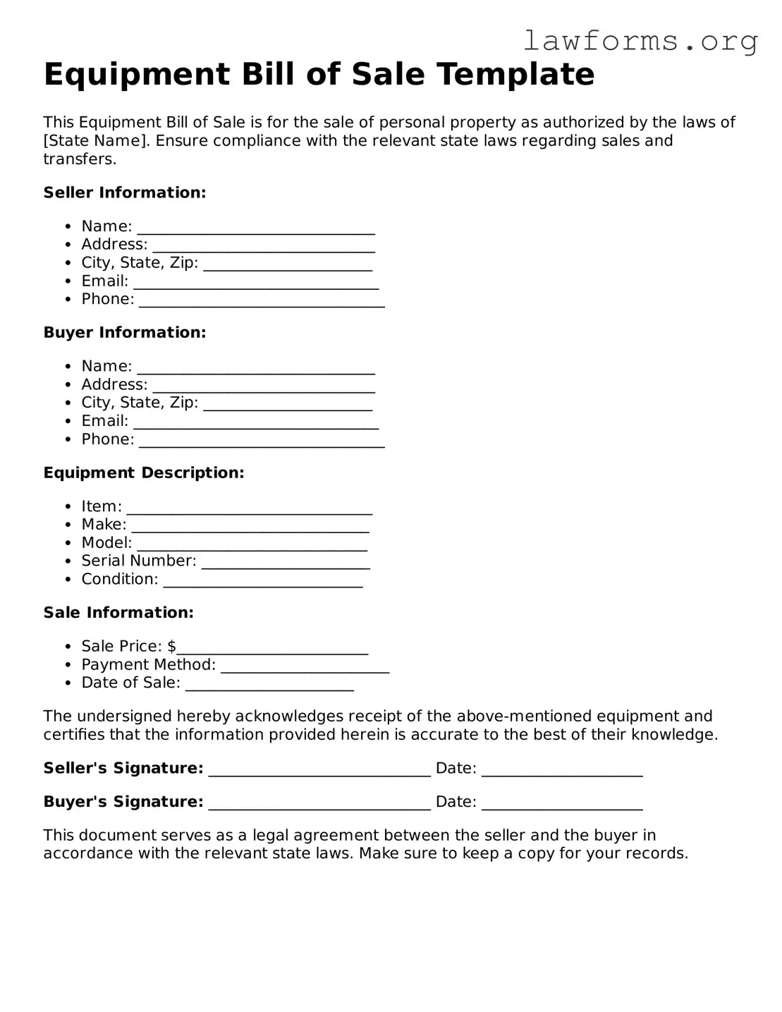 Valid Equipment Bill of Sale Form