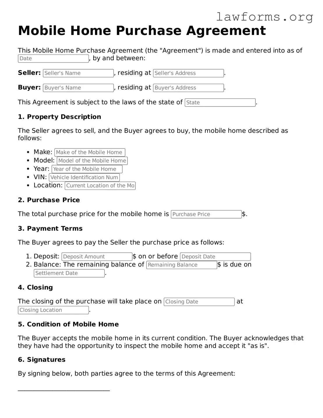 Valid Mobile Home Purchase Agreement Form