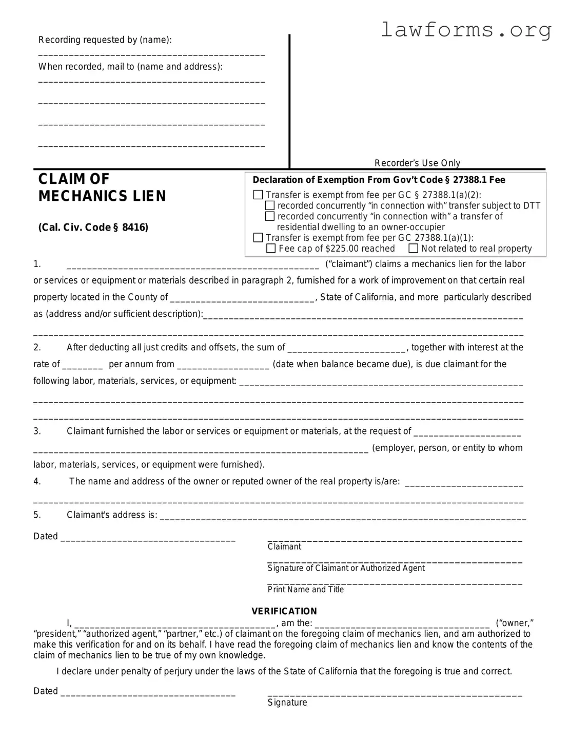 Fill Out a Valid Mechanics Lien California Template