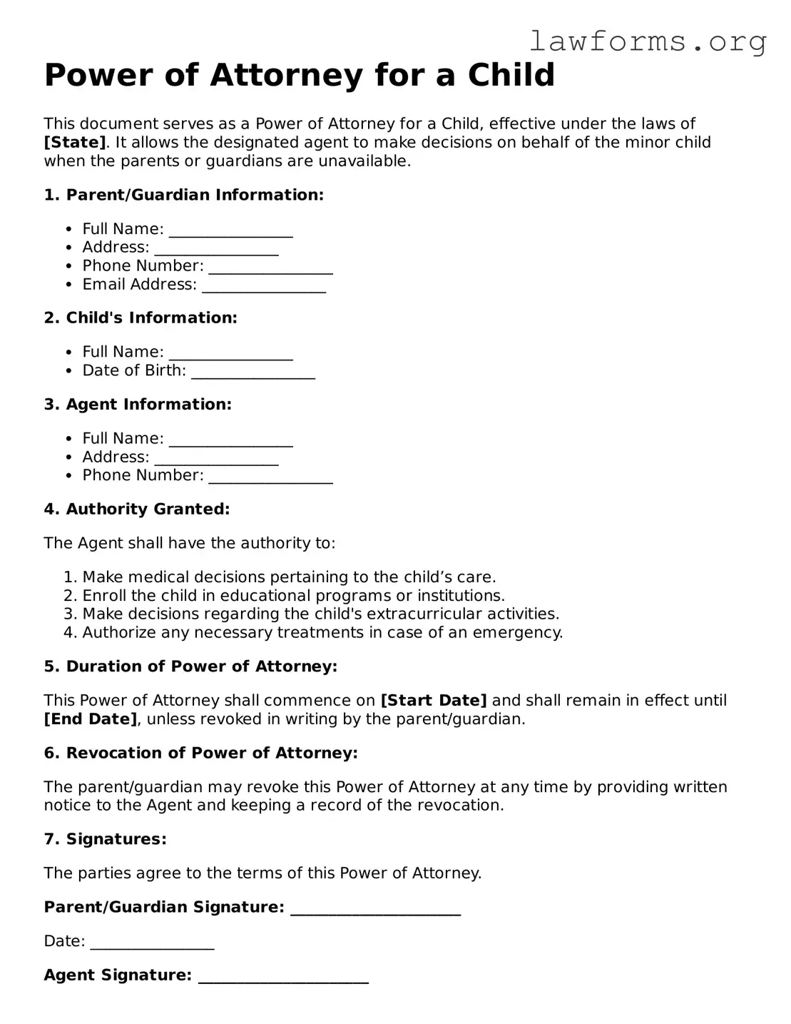 Valid Power of Attorney for a Child Form