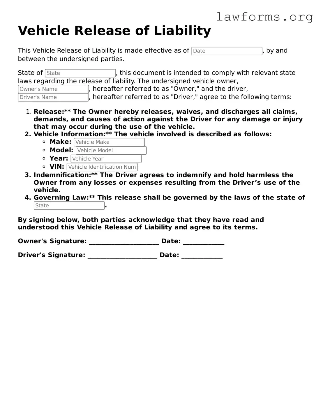 Valid Vehicle Release of Liability Form