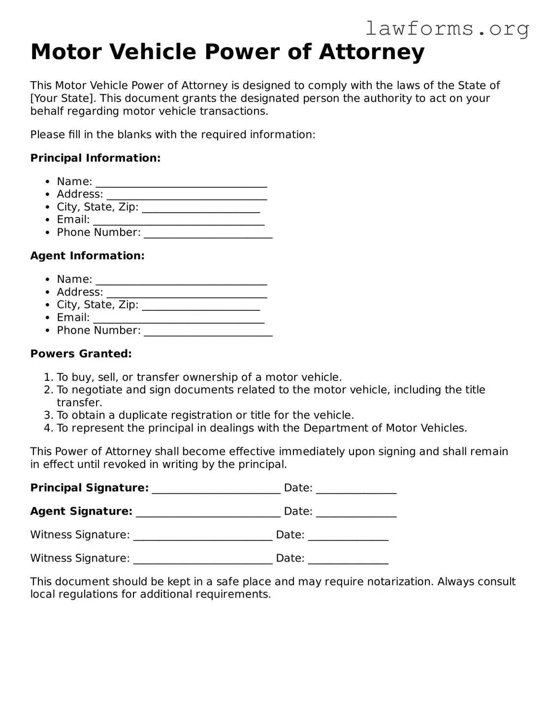 Valid Motor Vehicle Power of Attorney Form