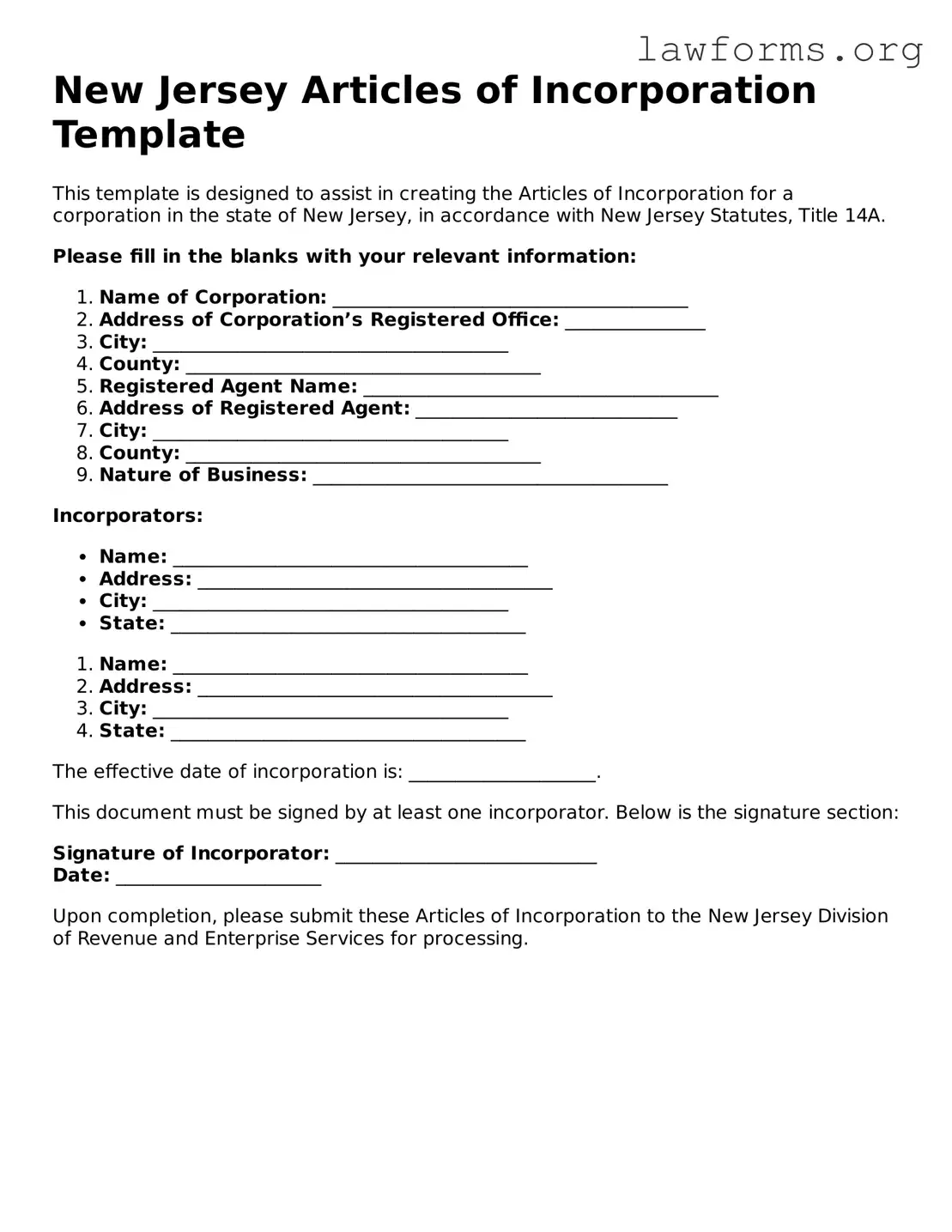 Attorney-Approved Articles of Incorporation Template for the State of New Jersey
