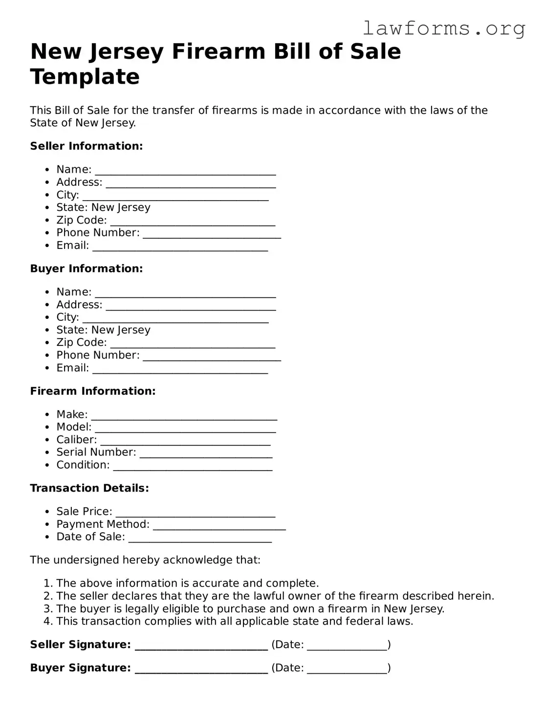 Attorney-Approved Firearm Bill of Sale Template for the State of New Jersey