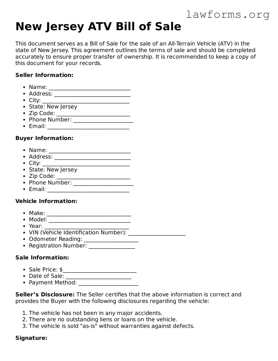 Attorney-Approved ATV Bill of Sale Template for the State of New Jersey