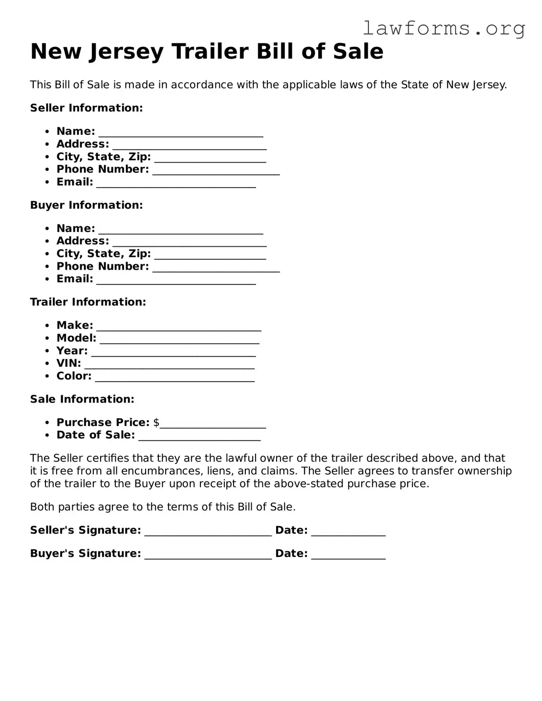 Attorney-Approved Trailer Bill of Sale Template for the State of New Jersey