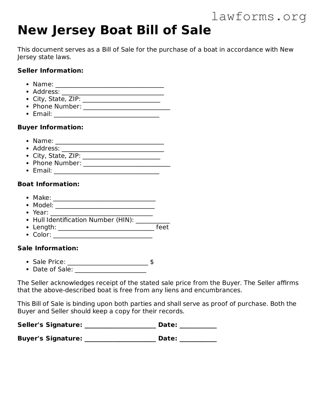 Attorney-Approved Boat Bill of Sale Template for the State of New Jersey