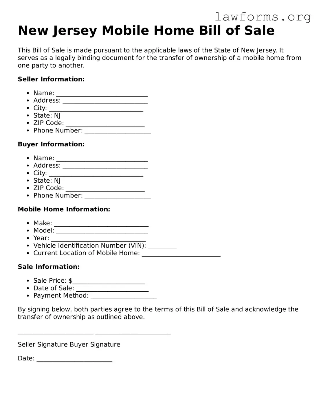 Attorney-Approved Mobile Home Bill of Sale Template for the State of New Jersey