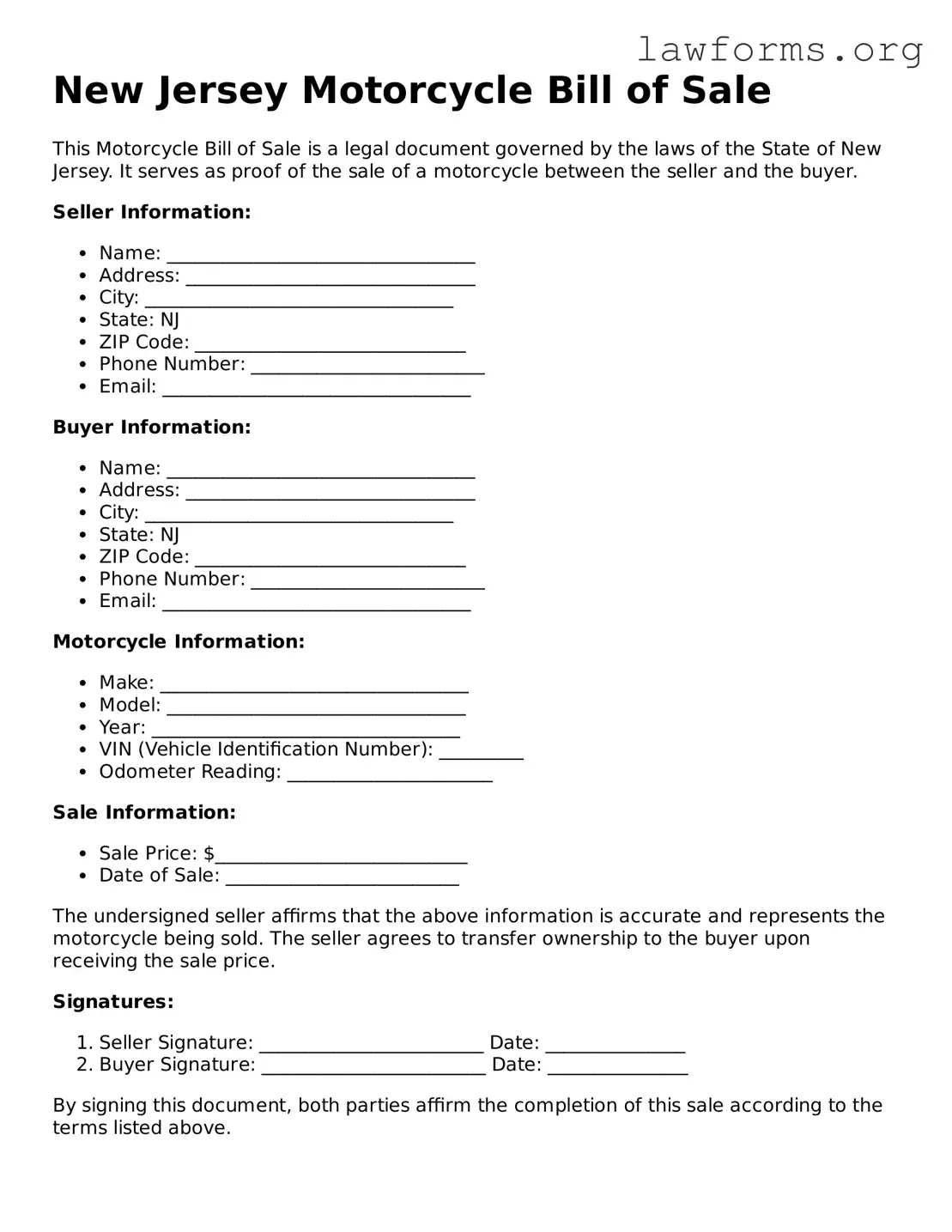 Attorney-Approved Motorcycle Bill of Sale Template for the State of New Jersey