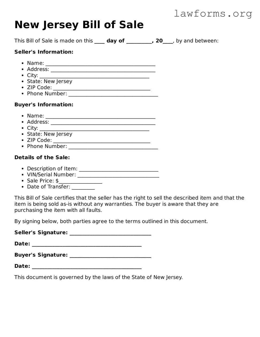Attorney-Approved Bill of Sale Template for the State of New Jersey