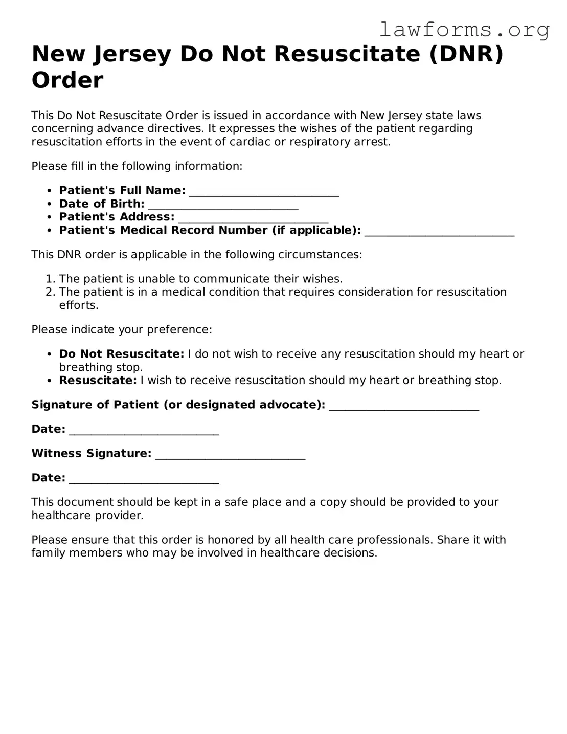 Attorney-Approved Do Not Resuscitate Order Template for the State of New Jersey