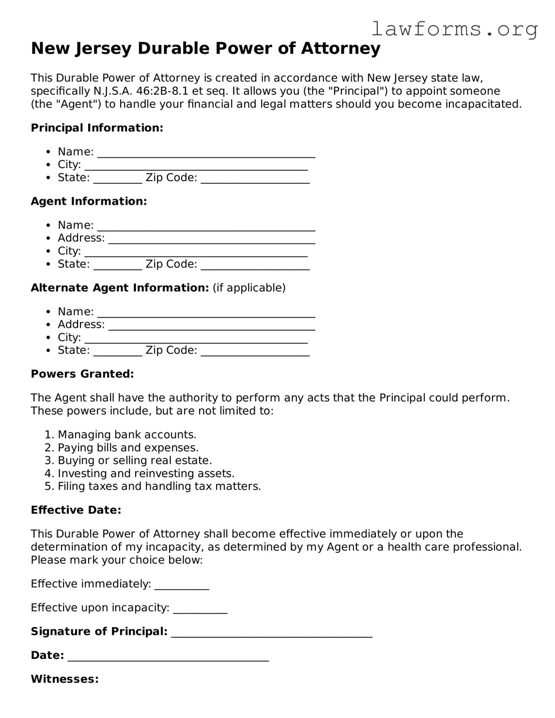 Attorney-Approved Durable Power of Attorney Template for the State of New Jersey