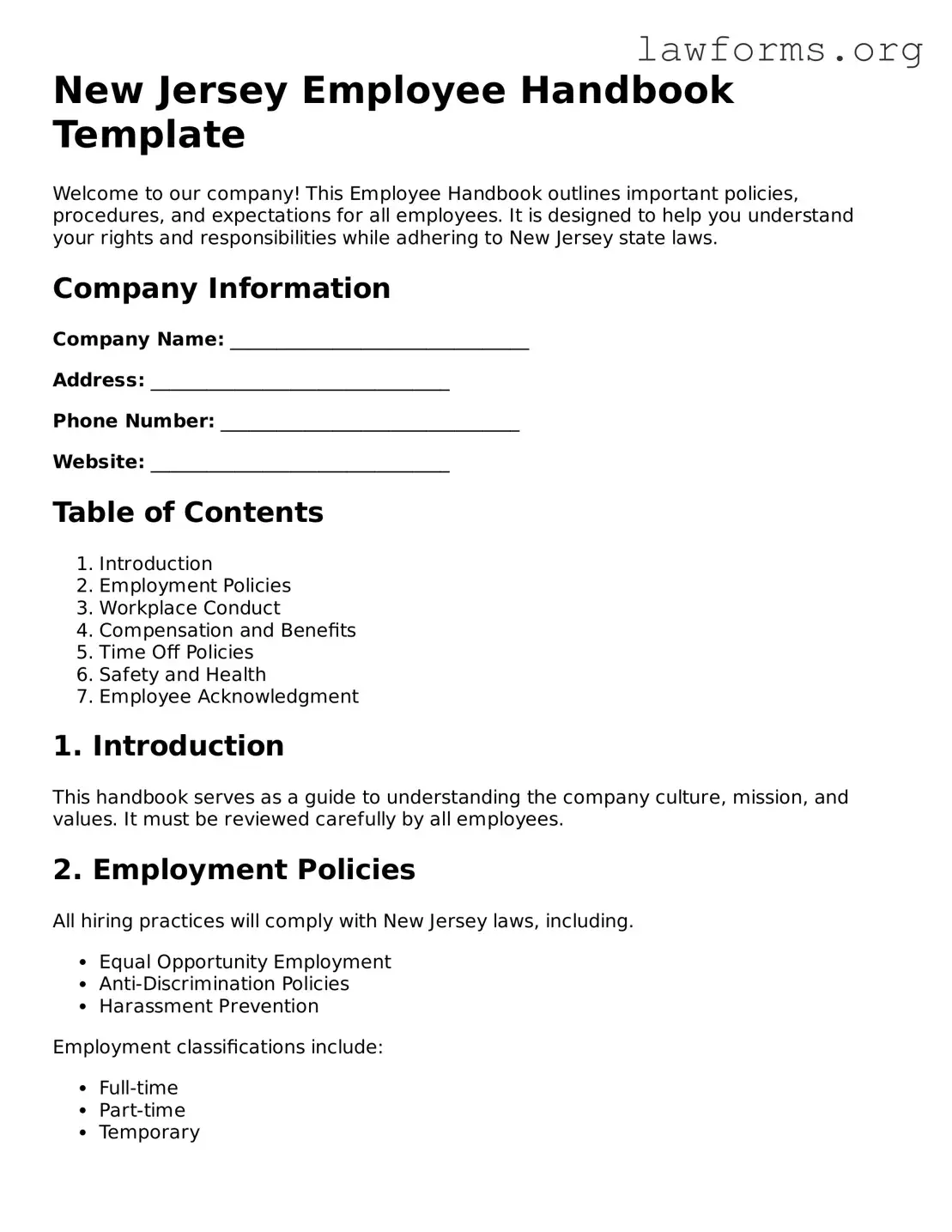 Attorney-Approved Employee Handbook Template for the State of New Jersey