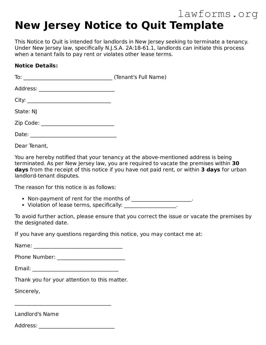 Attorney-Approved Notice to Quit Template for the State of New Jersey