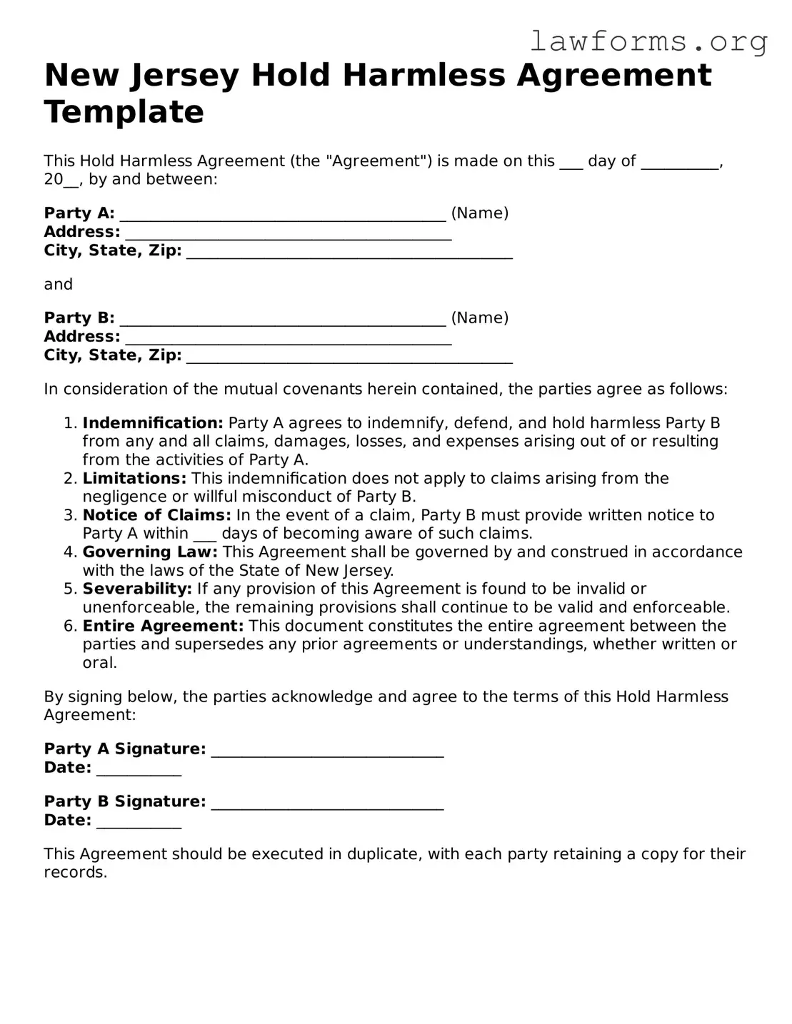 Attorney-Approved Hold Harmless Agreement Template for the State of New Jersey