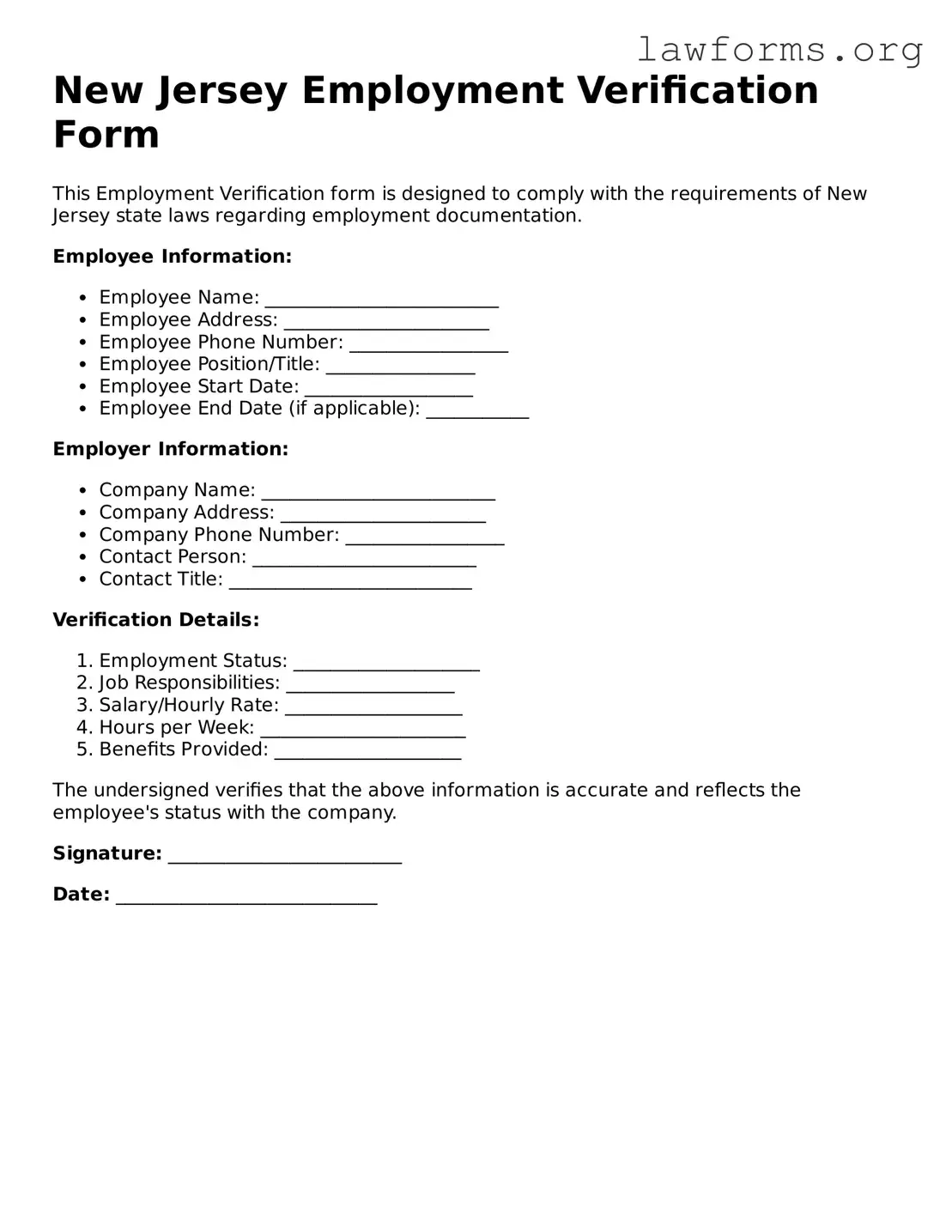 Attorney-Approved Employment Verification Template for the State of New Jersey
