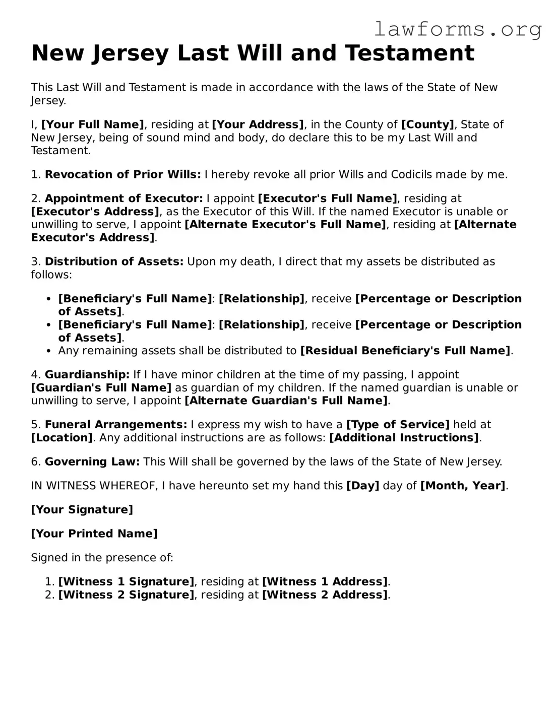 Attorney-Approved Last Will and Testament Template for the State of New Jersey