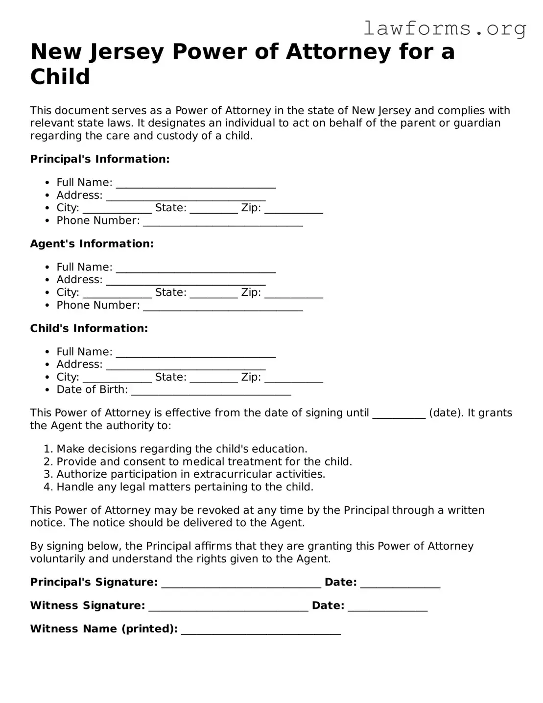 Attorney-Approved Power of Attorney for a Child Template for the State of New Jersey