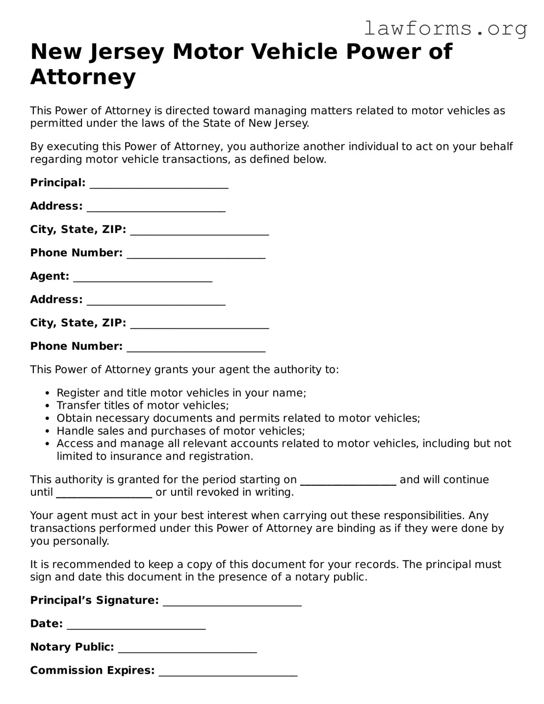 Attorney-Approved Motor Vehicle Power of Attorney Template for the State of New Jersey