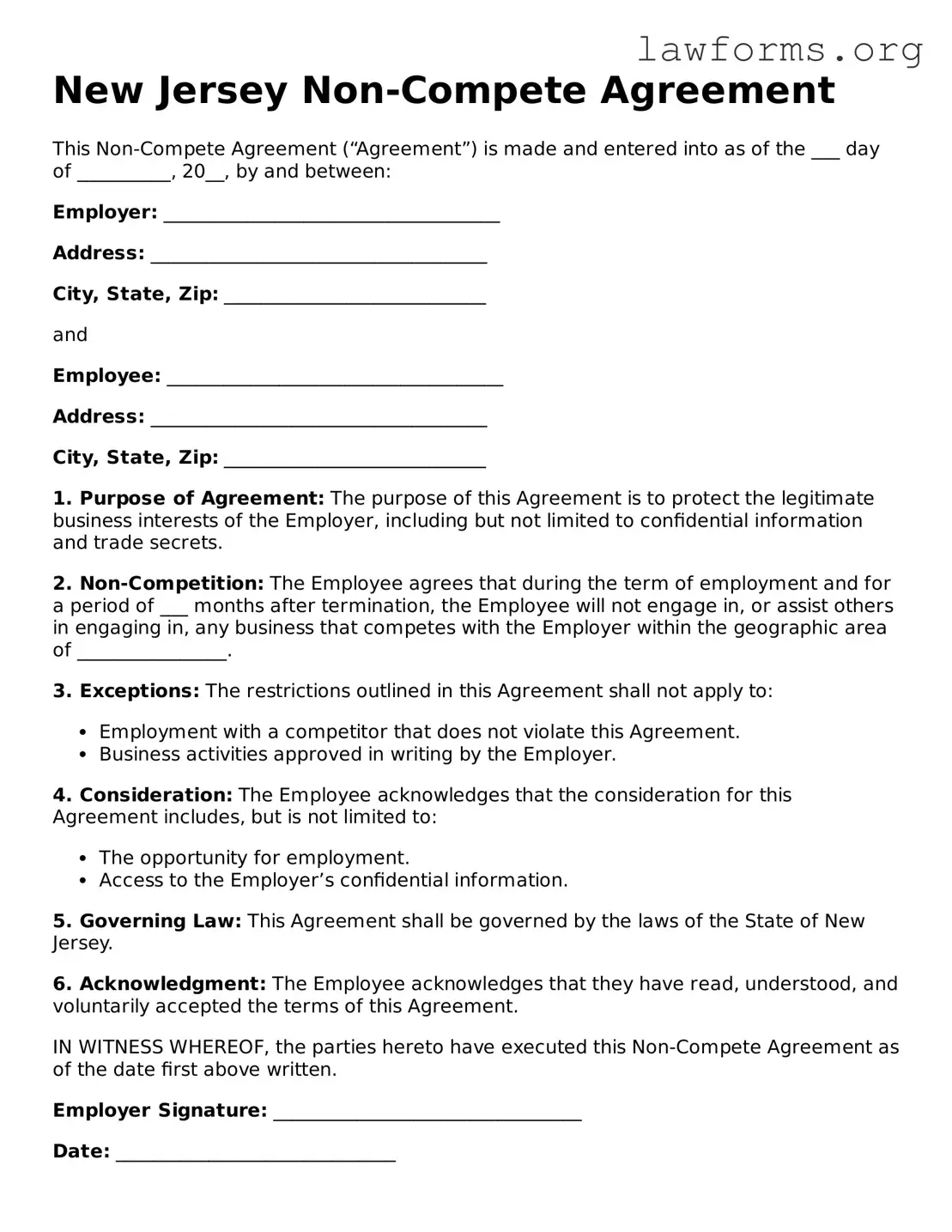 Attorney-Approved Non-compete Agreement Template for the State of New Jersey