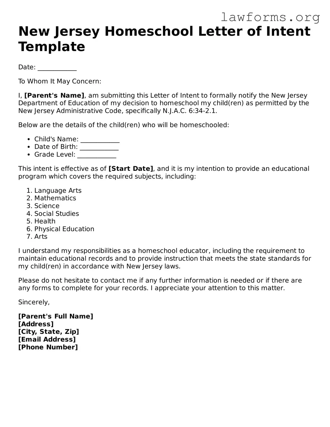Attorney-Approved Homeschool Letter of Intent Template for the State of New Jersey