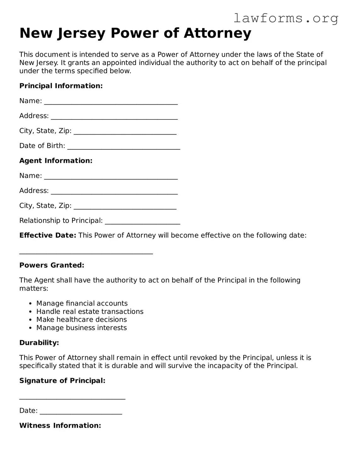 Attorney-Approved Power of Attorney Template for the State of New Jersey