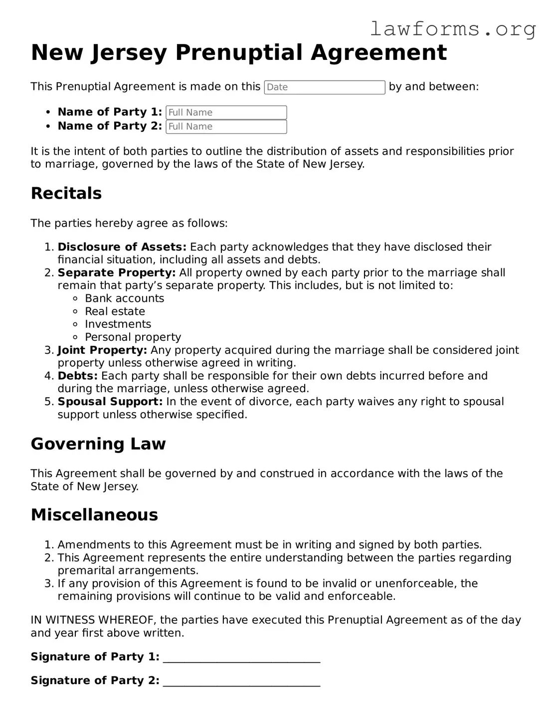 Attorney-Approved Prenuptial Agreement Template for the State of New Jersey