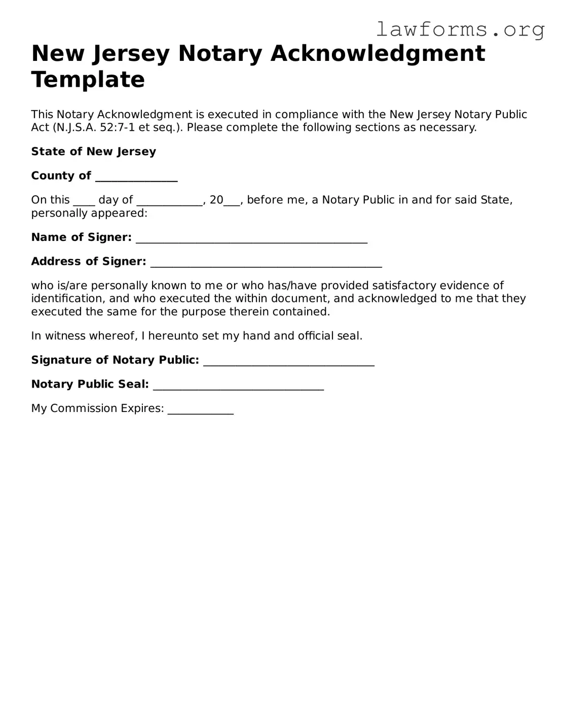 Attorney-Approved Notary Acknowledgement Template for the State of New Jersey