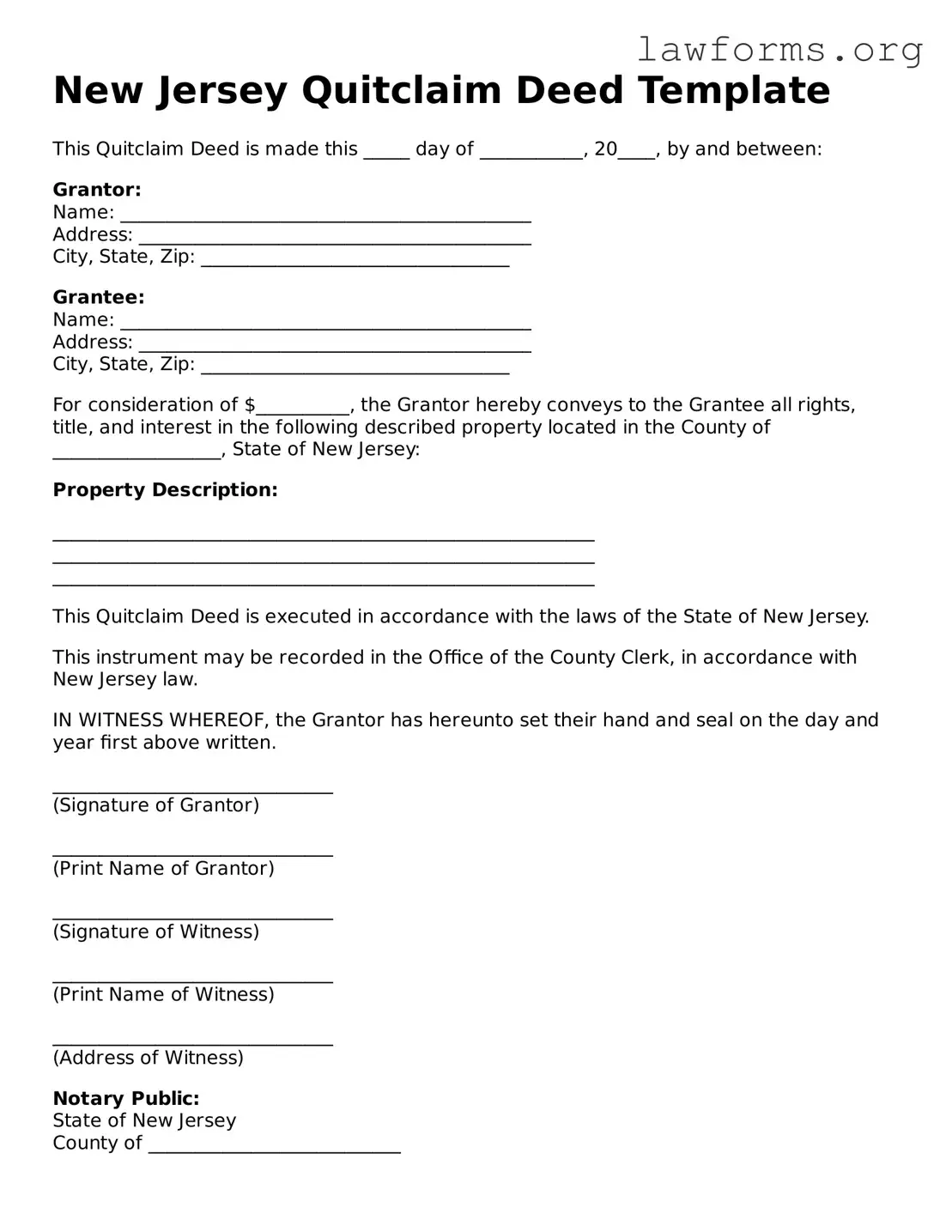 Attorney-Approved Quitclaim Deed Template for the State of New Jersey