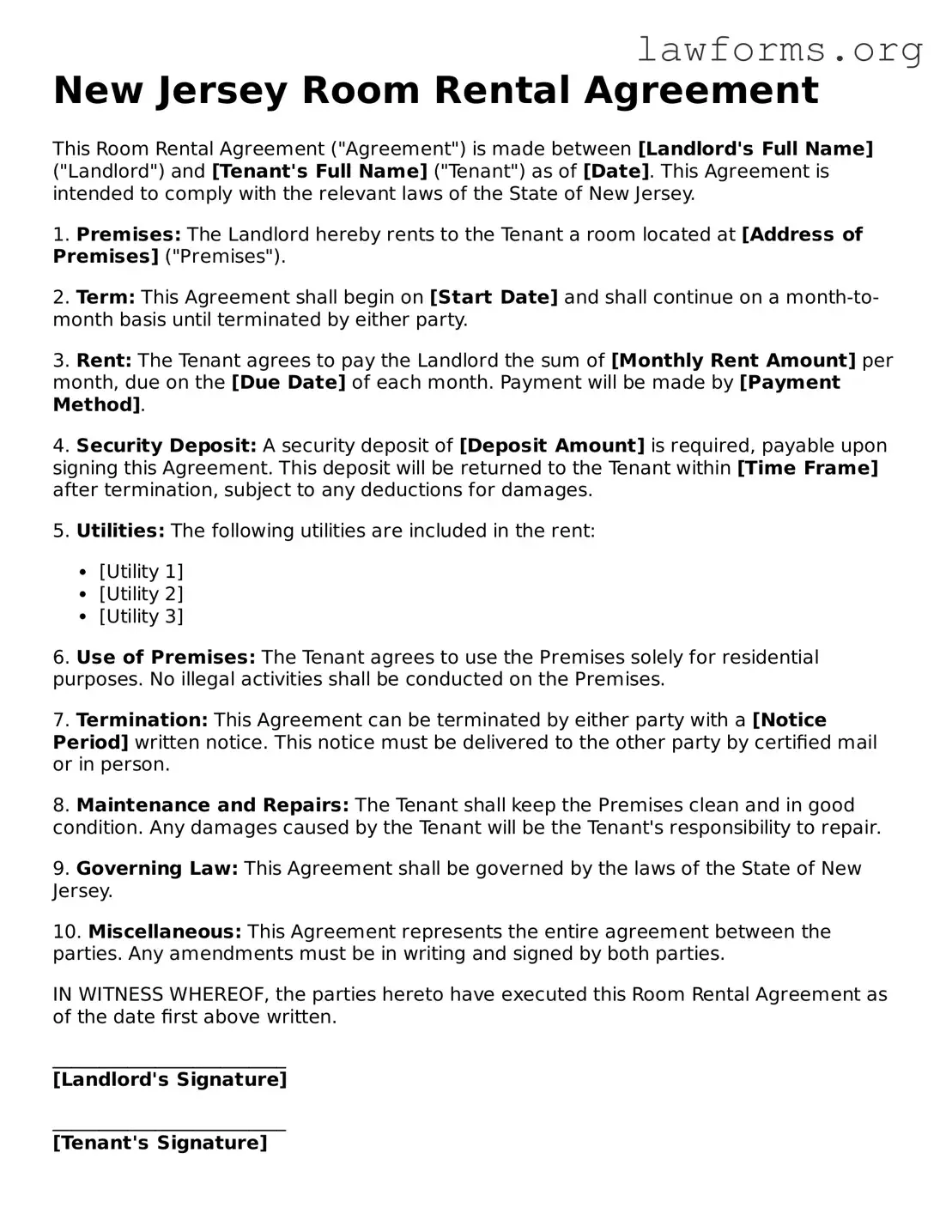 Attorney-Approved Room Rental Agreement Template for the State of New Jersey
