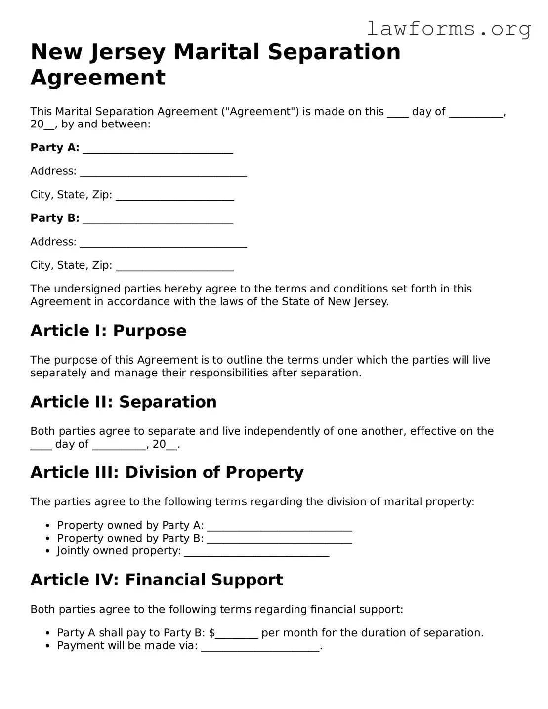 Attorney-Approved Marital Separation Agreement Template for the State of New Jersey