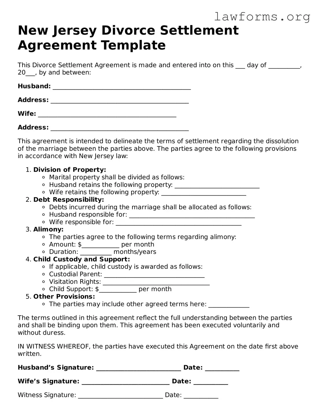 Attorney-Approved Divorce Settlement Agreement Template for the State of New Jersey