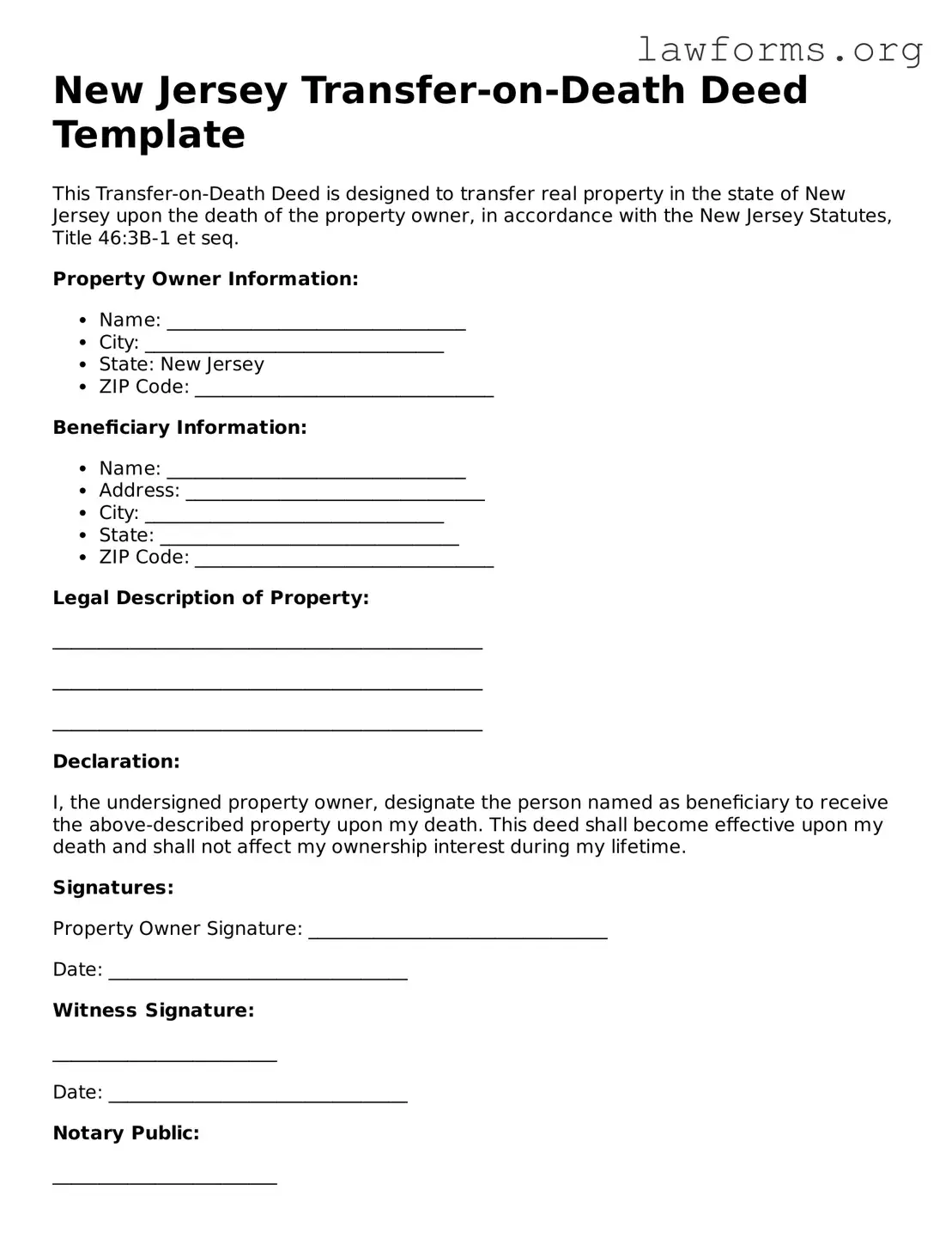 Attorney-Approved Transfer-on-Death Deed Template for the State of New Jersey