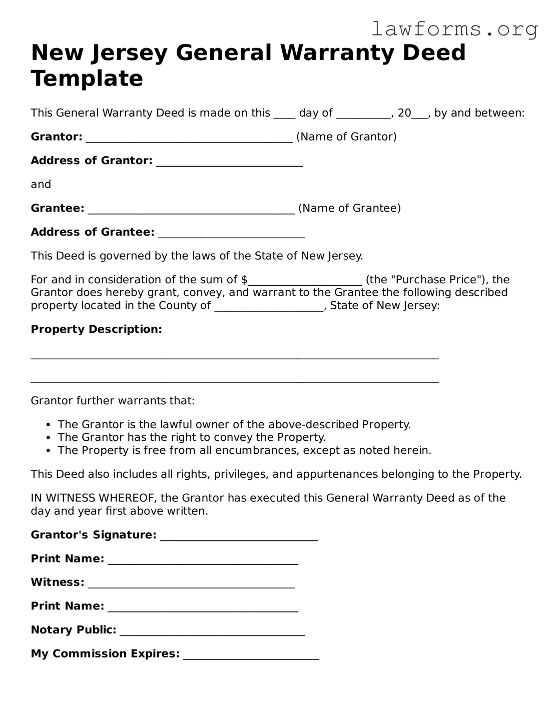 Attorney-Approved Deed Template for the State of New Jersey