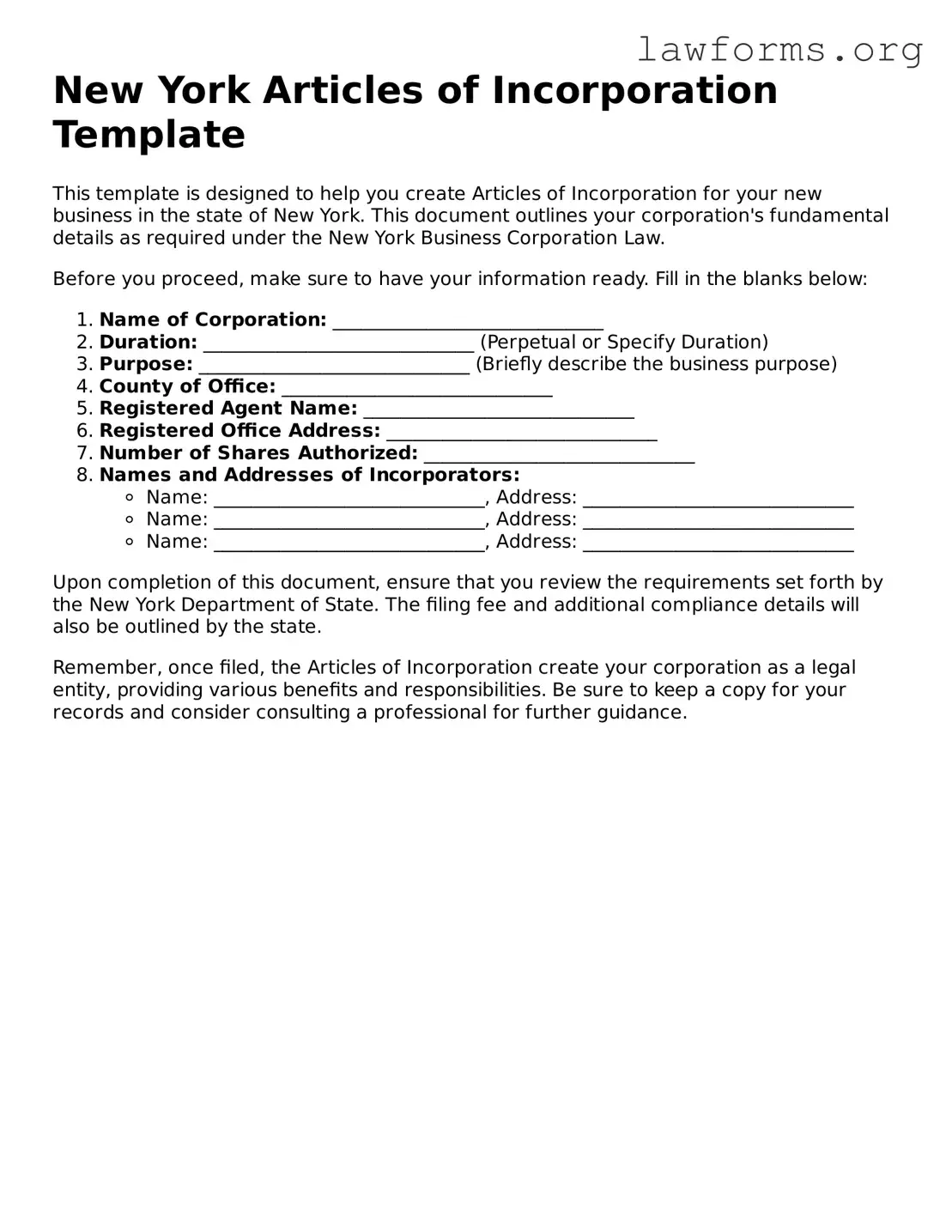 Attorney-Approved Articles of Incorporation Template for the State of New York