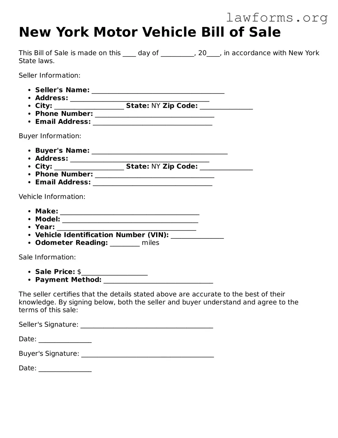 Attorney-Approved Motor Vehicle Bill of Sale Template for the State of New York