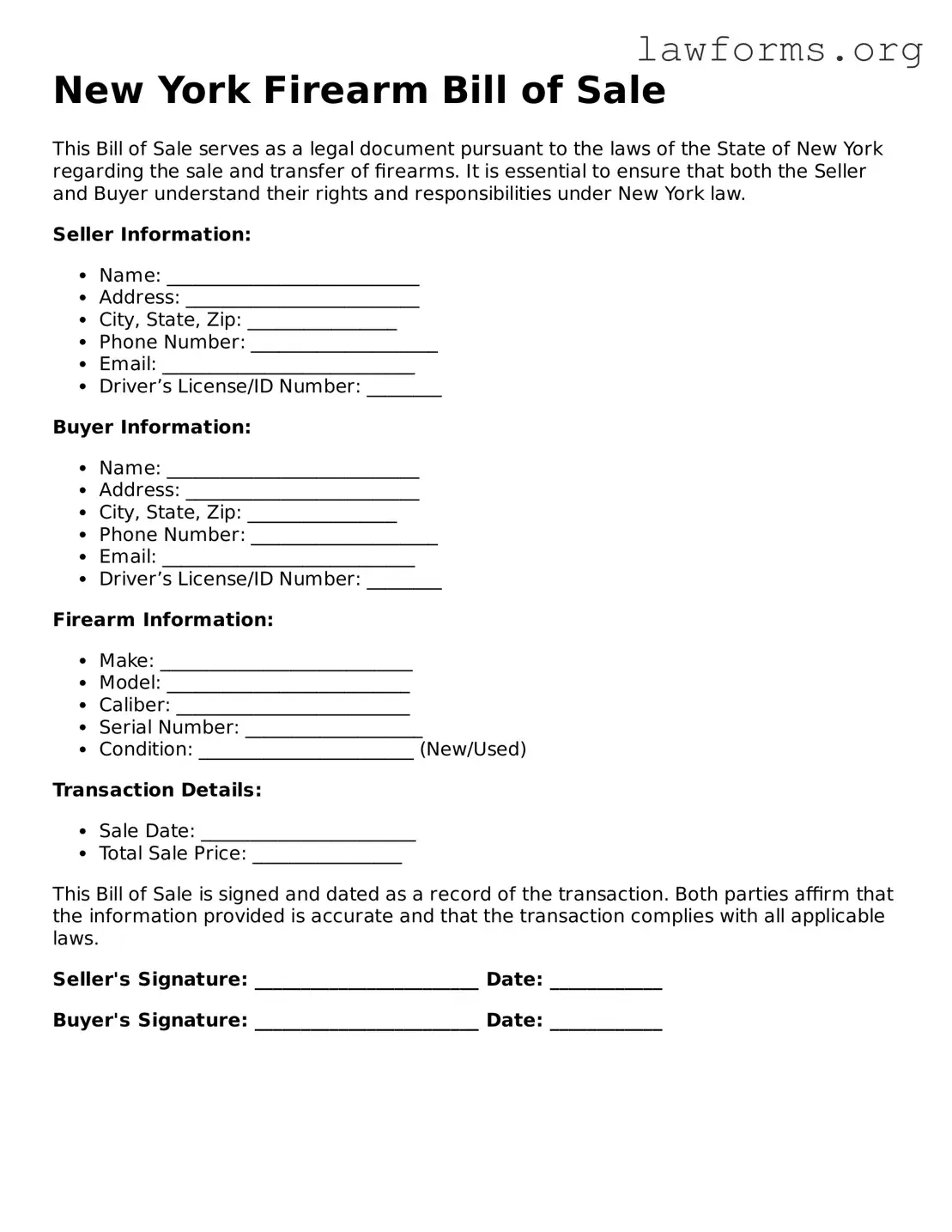 Attorney-Approved Firearm Bill of Sale Template for the State of New York