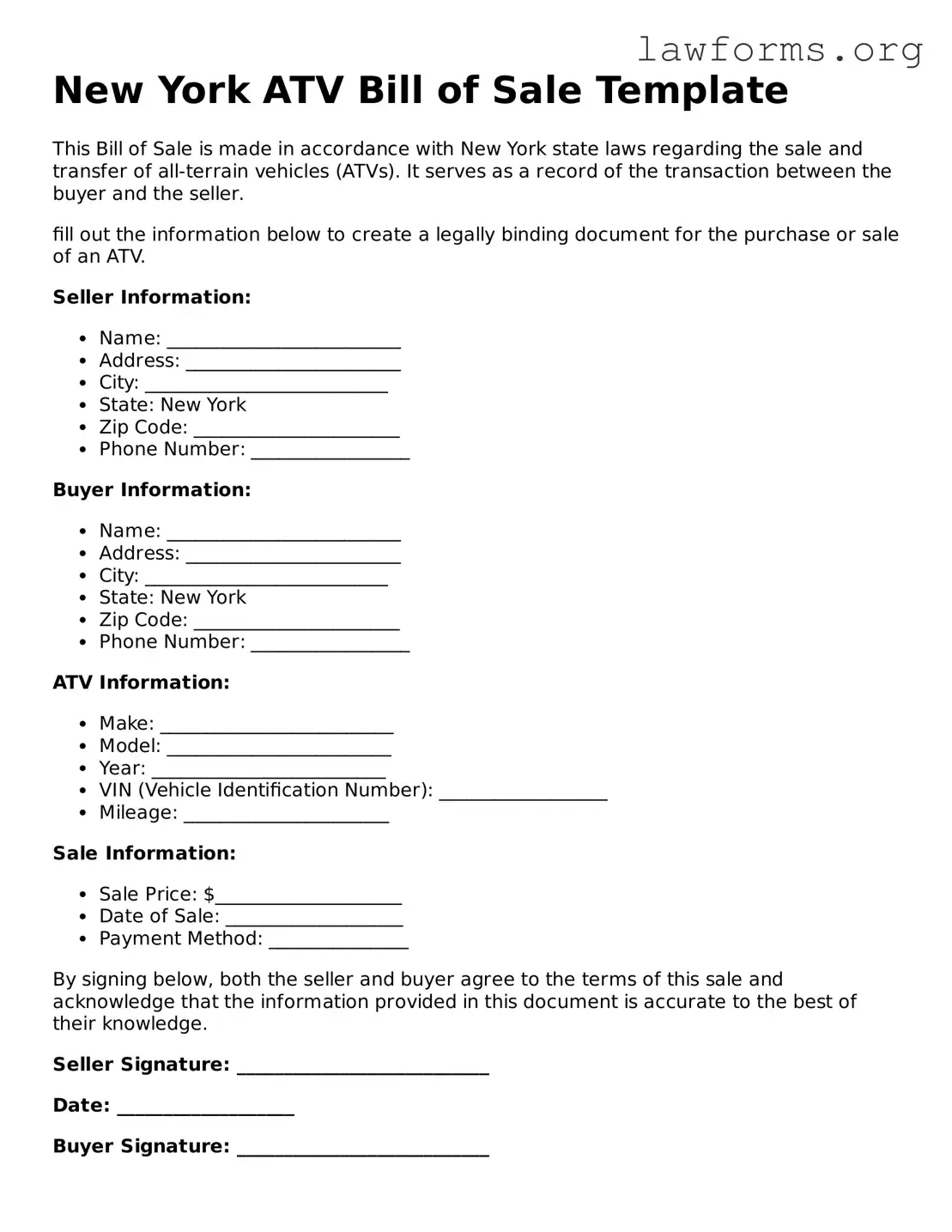 Attorney-Approved ATV Bill of Sale Template for the State of New York