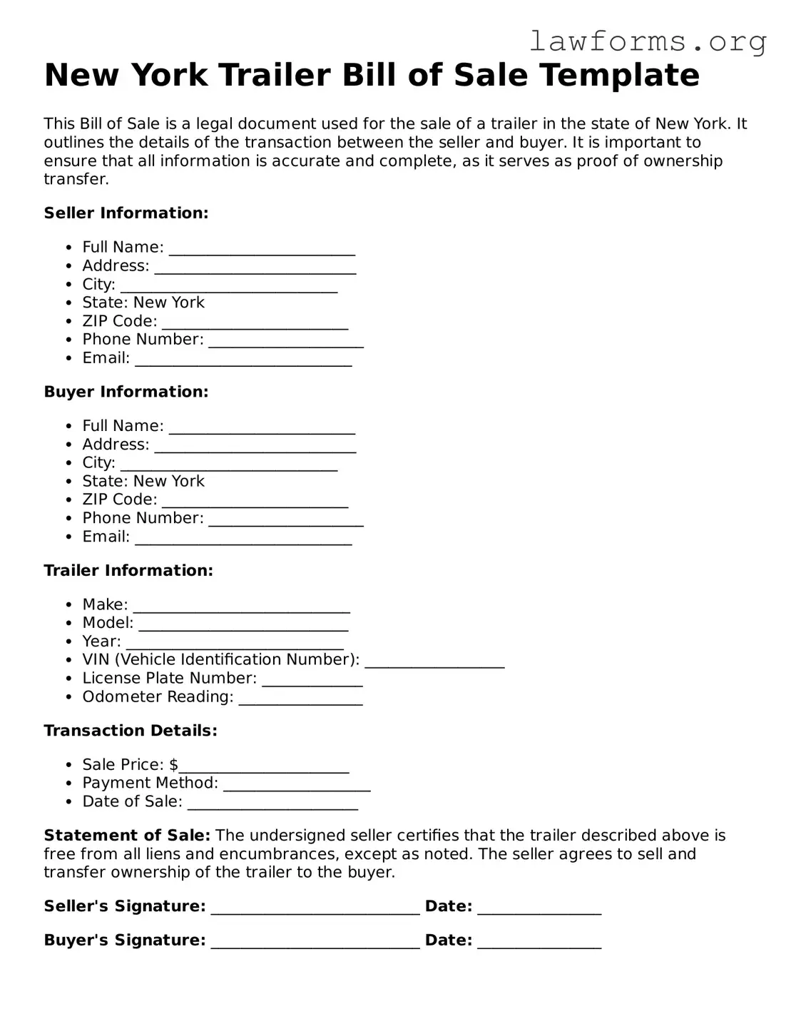 Attorney-Approved Trailer Bill of Sale Template for the State of New York