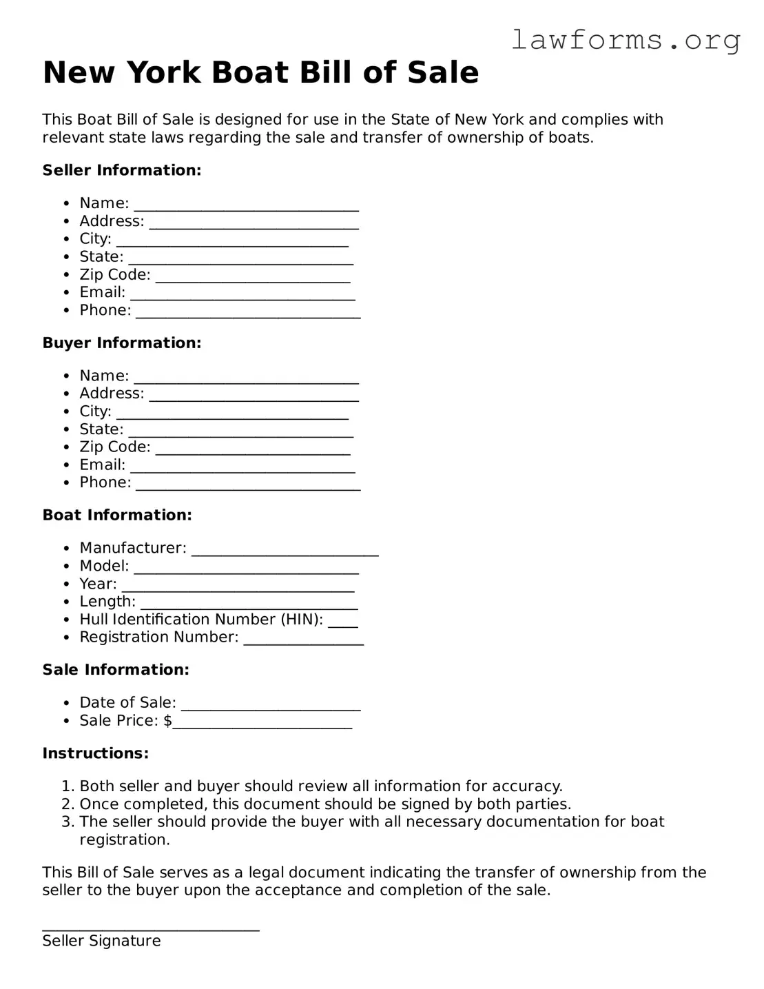 Attorney-Approved Boat Bill of Sale Template for the State of New York