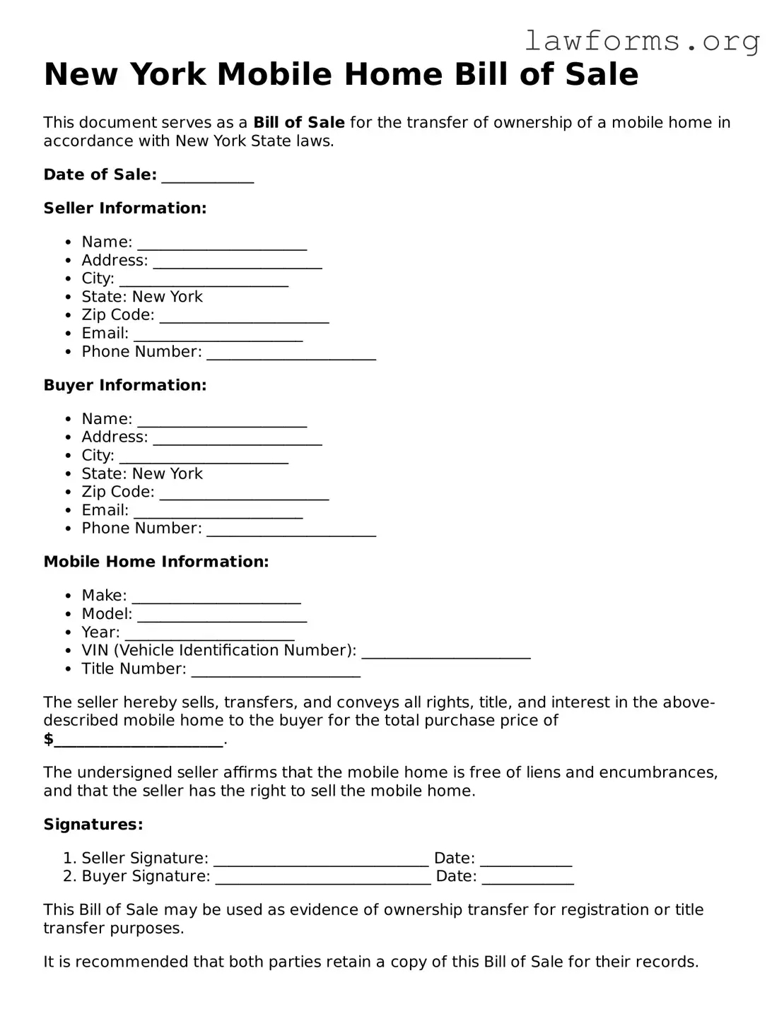 Attorney-Approved Mobile Home Bill of Sale Template for the State of New York