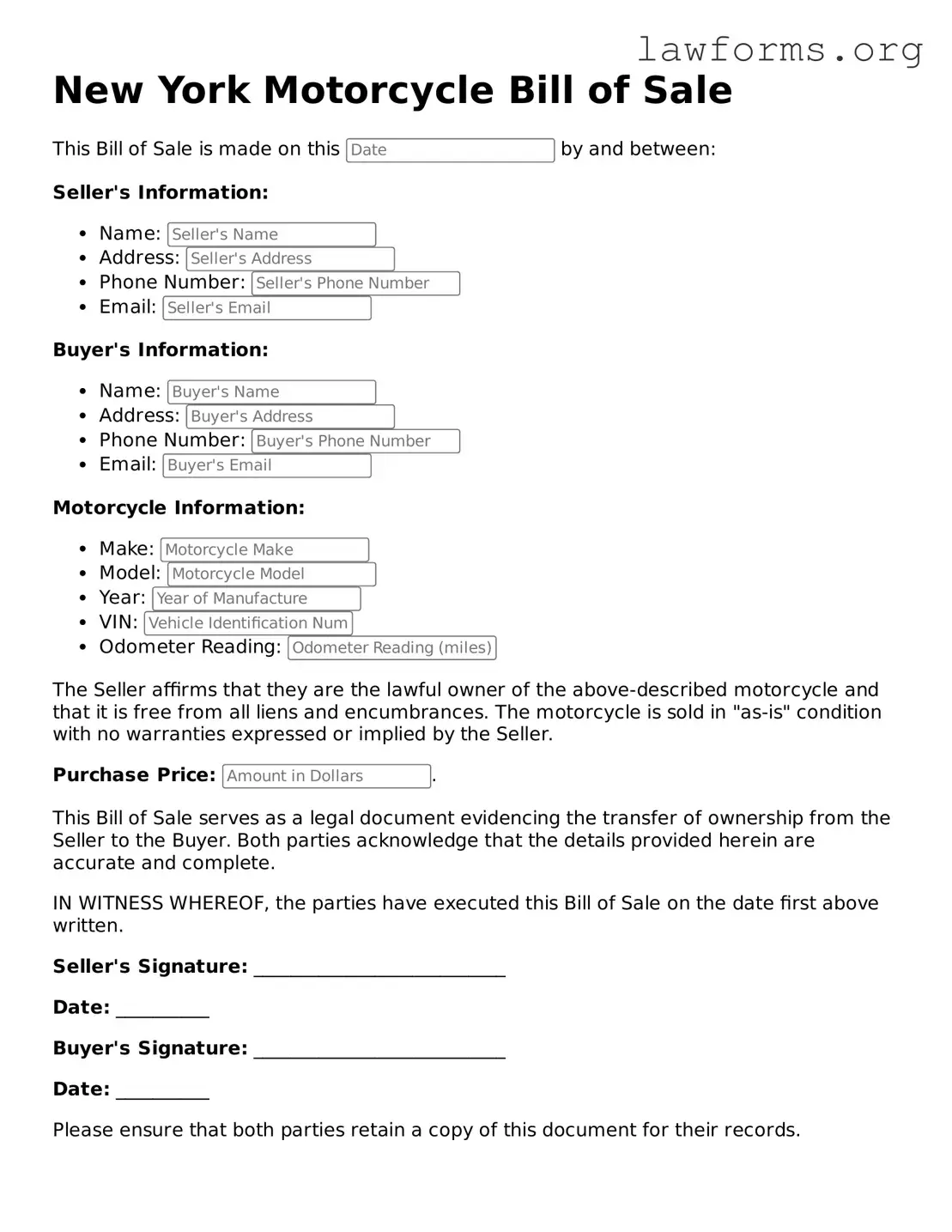 Attorney-Approved Motorcycle Bill of Sale Template for the State of New York