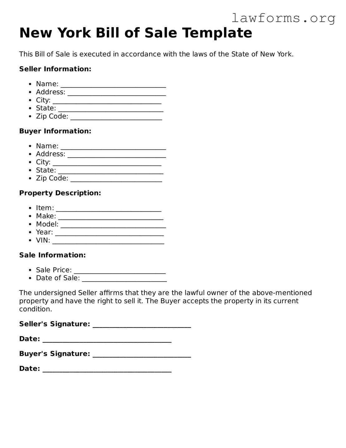 Attorney-Approved Bill of Sale Template for the State of New York
