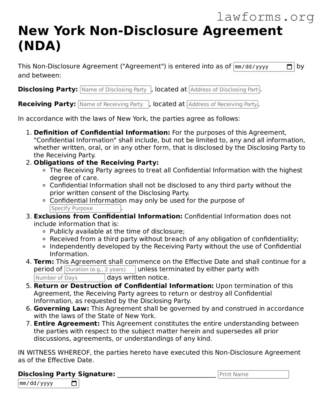 Attorney-Approved Non-disclosure Agreement Template for the State of New York