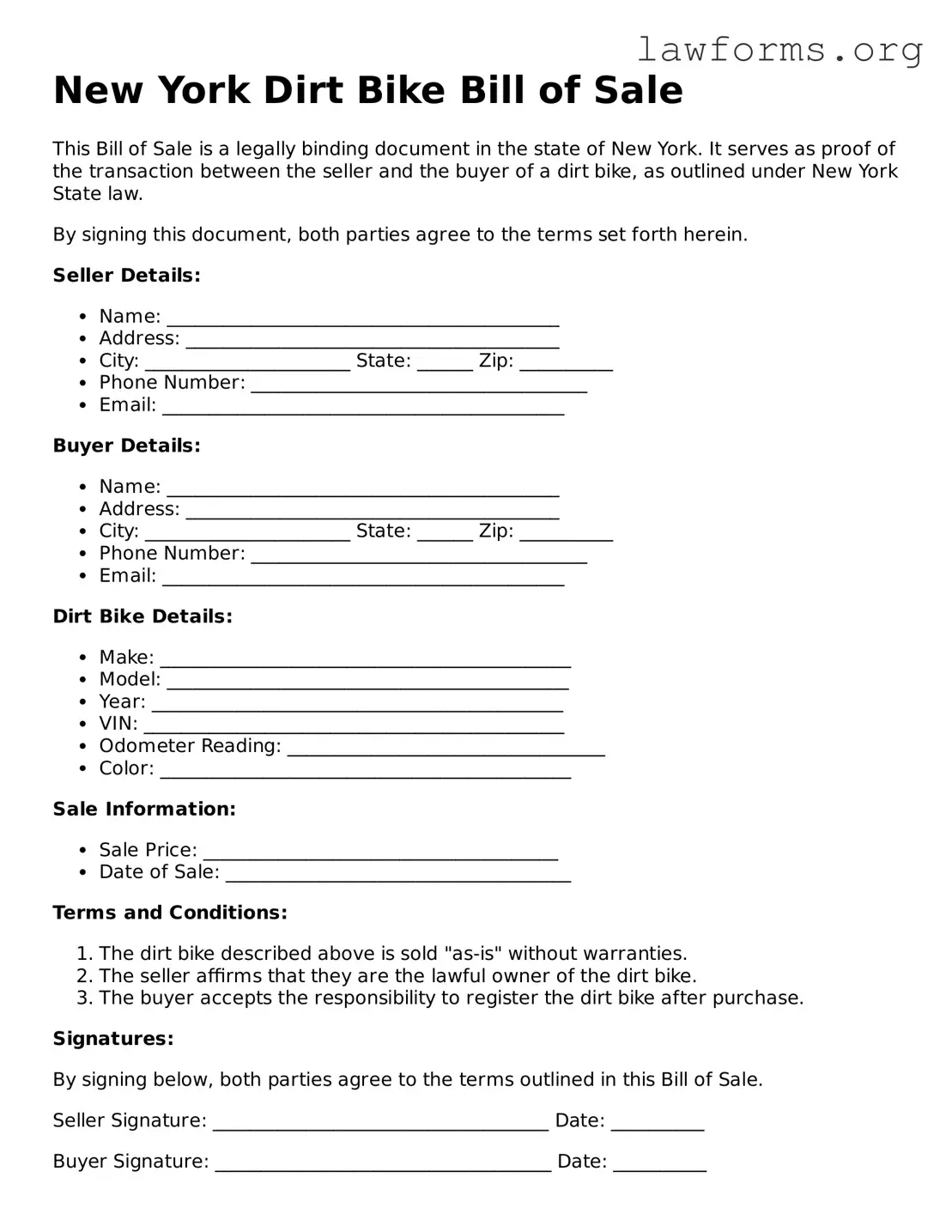 Attorney-Approved Dirt Bike Bill of Sale Template for the State of New York