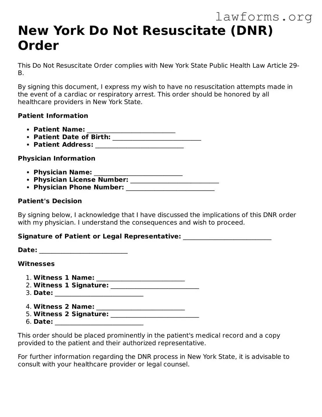 Attorney-Approved Do Not Resuscitate Order Template for the State of New York