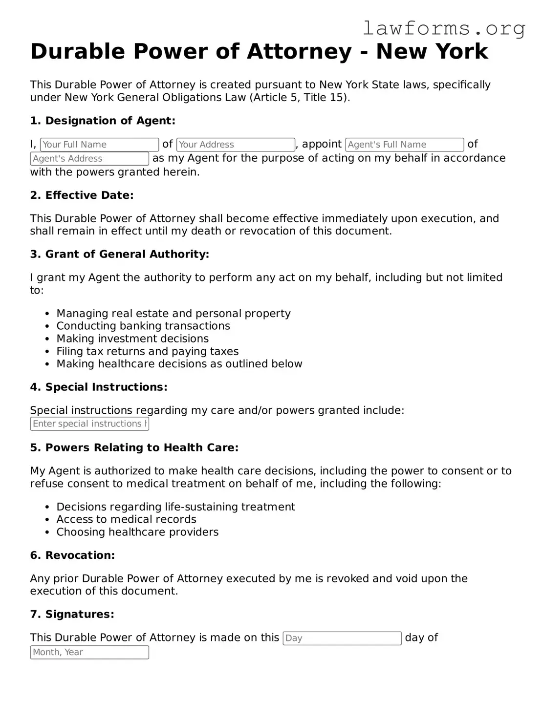 Attorney-Approved Durable Power of Attorney Template for the State of New York