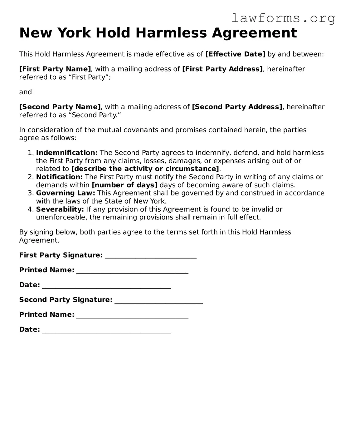 Attorney-Approved Hold Harmless Agreement Template for the State of New York