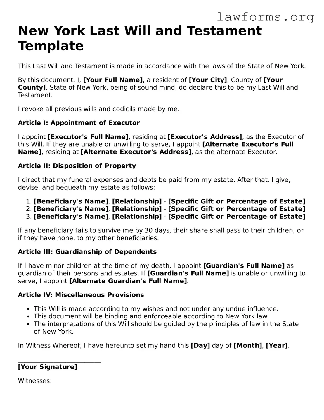 Attorney-Approved Last Will and Testament Template for the State of New York